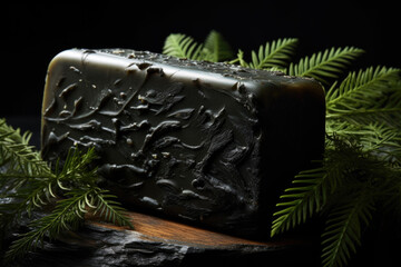 Beautiful natural Black Hemlock soap bar on dark background. Handmade organic soap