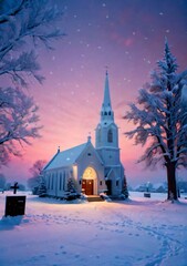 A Snowy Christmas Church Scene, During Twilight.