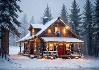 A Rustic Christmas Cabin, During A Snowstorm.
