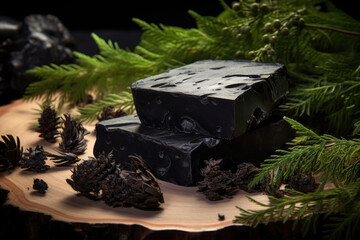 Beautiful natural Black Hemlock soap bar on dark background. Handmade organic soap