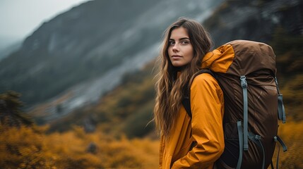 Young Woman Hiking and Camping during autumn