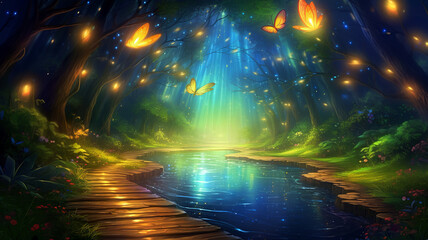 In the depths of the fairytale forest is a lake promenade with glowing butterflies and fireflies. Storybook illustration concept. AI generated.