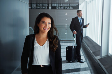 Walking, happy or woman thinking in airport for business trip with smile for a booking or commute....