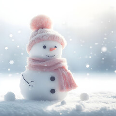 Snowman with scarf and hat on the snow. Christmas background, foggy winter morning wallpaper, generative ai