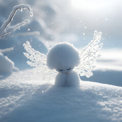 Snow angel with wings in the winter morning, Christmas and New Year background, winter wallpaper, generative ai