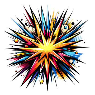 Colorful explosion graphic with sharp lines and dots on a white background, resembling a comic book style burst.