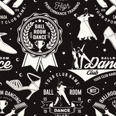 Fototapeta premium Set of Ballroom dance sport club seamless pattern. Concept for dancer sport pattern background or wallpaper. Dance sport sticker with shoes for ballroom dancing, man and woman silhouette. Vector.