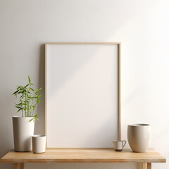 Light wood poster frame mockup with bamboo plant