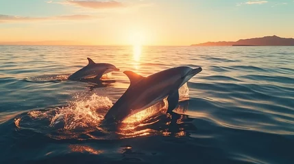 Zelfklevend Fotobehang A playful dolphin happily swims in the ocean © BraveSpirit