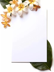 Frame mockup with tropical flowers on a white background. Banner or gift card with flowering frame