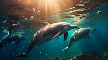 Raamstickers A playful dolphin happily swims in the ocean © BraveSpirit