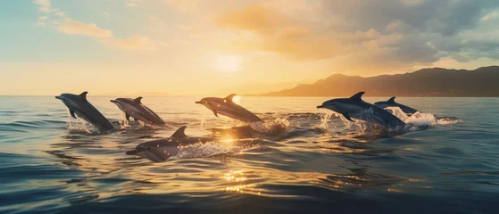Gordijnen A playful dolphin happily swims in the ocean © BraveSpirit