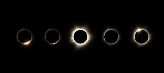 nightscape, night full of stars, panorama of the hybrid solar eclipse, Exmouth, Australia, 20.04.2023, diamond ring  and full solar eclipse with visible corona