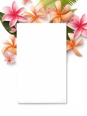 Fototapeta na wymiar Frame mockup with tropical flowers on a white background. Banner or gift card with flowering frame