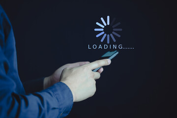 Concept Data loading, People using smartphone with popup of data loading on visual screen.