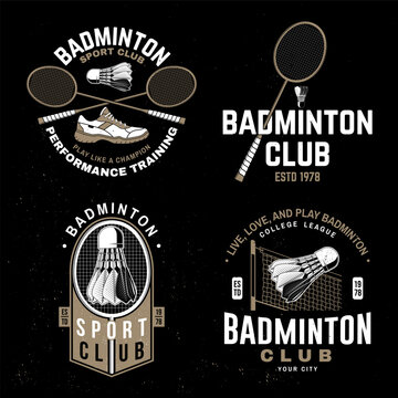 Set of badminton sport badge, patch, emblem, logo. Vector illustration. Vintage badminton label with racket, sports shoe and shuttlecock silhouettes. Concept for shirt or logo, print, stamp or tee