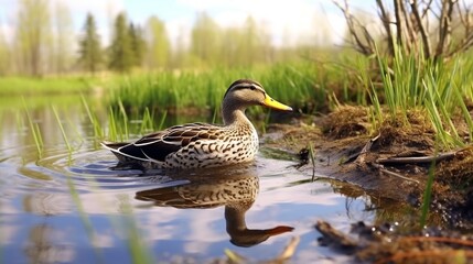 In Latvia's spring, a mallard duck swims in a wetland lake.