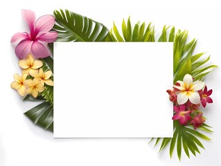 Obraz premium Frame mockup with tropical flowers on a white background. Banner or gift card with flowering frame