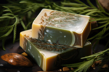 Beautiful natural fir soap bar on dark background. Handmade organic soap
