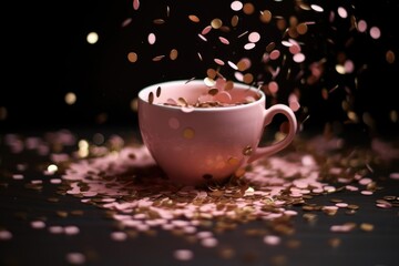 pink cup filled with pink confetti. 