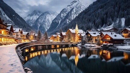 Fototapeta premium Christmas backdrop with snow-covered alpine village. Serene mountains valley.