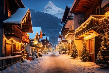 Fototapeta premium Christmas backdrop with snow-covered alpine village. Serene mountains valley.