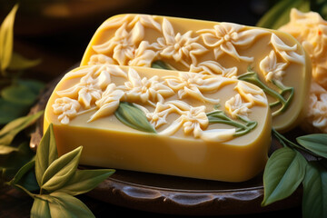 Beautiful natural jasmine soap bar on dark background. Handmade organic soap