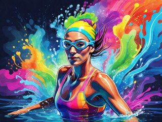 Obraz na płótnie Canvas young woman with beautiful multi-colored paint on her head in smoke. Colorful image of a charming fantastic woman, an athlete in swimming and diving. Olympic champion. girl underwater