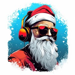 Cool Santa Claus with sunglasses listening music in headphones. Hip 1980s graffiti art.