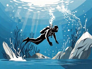 2d diving in the ocean. Commercial divers, cartoon illustration
