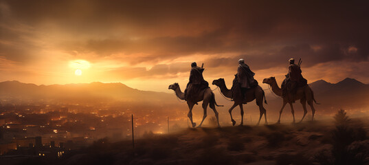 Reyes magos viajando por el desierto, llegando a Belén. Noche de reyes magos. Día de reyes magos. - obrazy, fototapety, plakaty