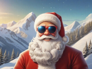 portrait of a funny realistic santa claus wearing sunglasses in front of a snow mountain panorama