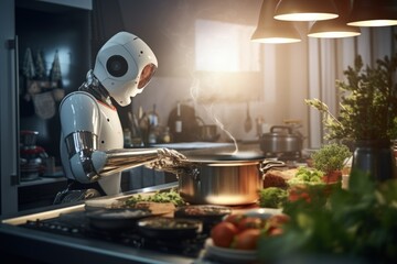 Home robot in the kitchen, cooking, modern kitchen