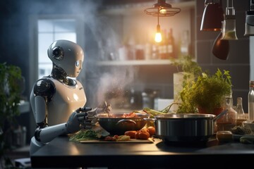Home robot in the kitchen, cooking, modern kitchen - obrazy, fototapety, plakaty