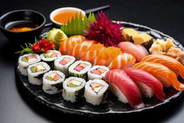 Black plate with sushi and vegetables on black background