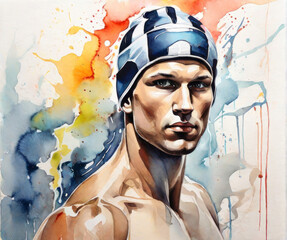 Watercolor design of a professional swimmer -Abstract oil painting, pastel colors splash