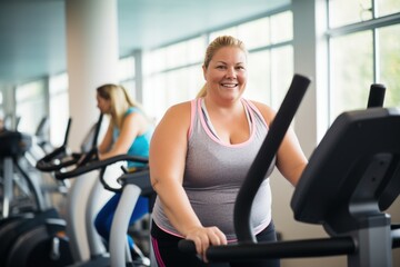 Fototapeta na wymiar Curvy woman in the gym, looking happy