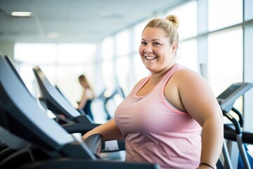 Curvy woman in the gym, looking happy