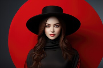 Female fashion model in black hat