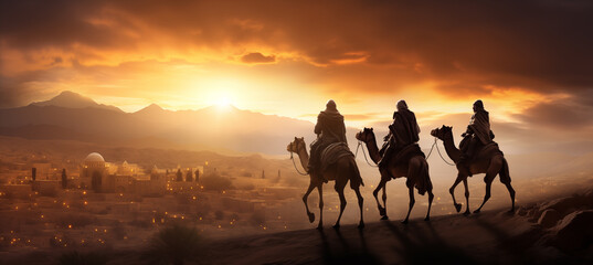 Fototapeta na wymiar Reyes magos viajando por el desierto, llegando a Belén. Noche de reyes magos. Día de reyes magos.