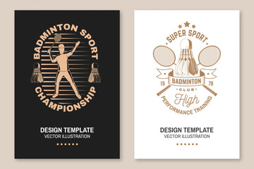 Set of badminton sport vintage flyer, poster design. Vector. Editable template with badminton racket, player and shuttlecock silhouettes. Badminton tournament posters for sports competition.