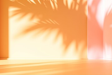 Abstract gradient orange studio background for product presentation. Empty room with shadows of window and flowers and palm leaves . 3d room with copy, Generative AI