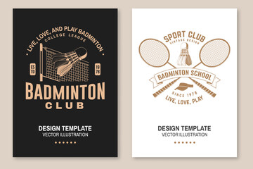 Set of badminton sport vintage flyer, poster design. Vector. Editable template with badminton racket, net cord and shuttlecock silhouettes. Badminton tournament posters for sports competition.