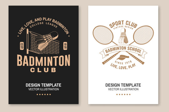 Set of badminton sport vintage flyer, poster design. Vector. Editable template with badminton racket, net cord and shuttlecock silhouettes. Badminton tournament posters for sports competition.