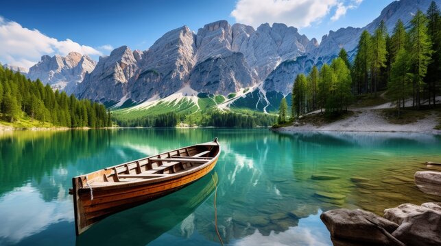 Panoramic photo of boats on the lake with mountain view sunlight