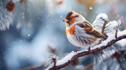 a bird perched on a branch of a pine tree covered in snow and pine needles with pine needles and needles