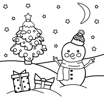 Coloring page of a cute cartoon snowman with Christmas tree. Vector stock black and white illustration in hand drawn style, on a white background.