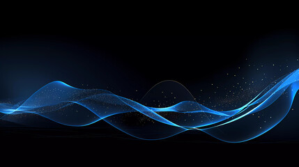 a blue and black background with a wave of light and dots on it;