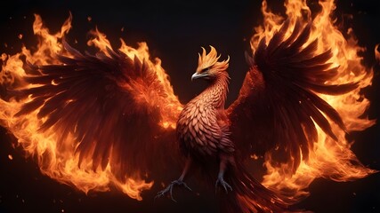 flames on black A flaming phoenix with a black backdrop, symbolizes rebirth and immortality  - obrazy, fototapety, plakaty