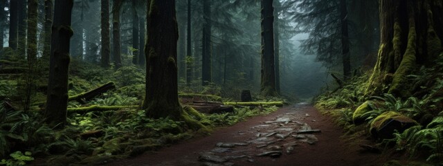 Trail in the forest with sunrays nature concept